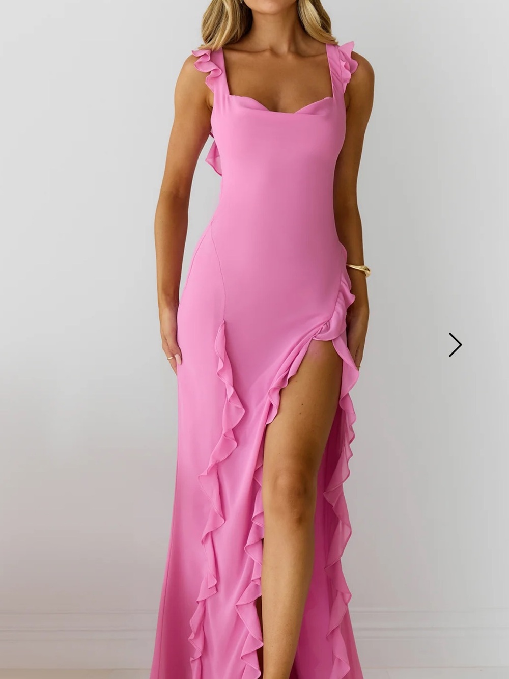 Hello Molly Pink Ruffle High-Slit Maxi Dress